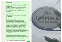 Tangkapan layar pesan konfirmasi resmi dari media yang dikirim pada 10 Mei 2025 kepada manajemen Cafe Resto Ummika terkait dugaan pelanggaran ketenagakerjaan, disandingkan dengan foto papan nama usaha "Ummika Coffee & Resto" di Pringsewu.
