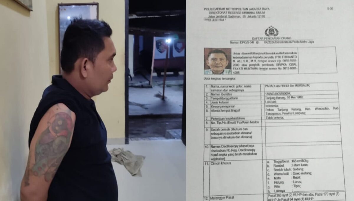 Kolase foto pelaku Ferdi yang ditangkap Polsek Wonosobo dan surat Daftar Pecarian Orang (DPO) Polda Metro Jaya | Dok. Humas Polres Tanggamus.