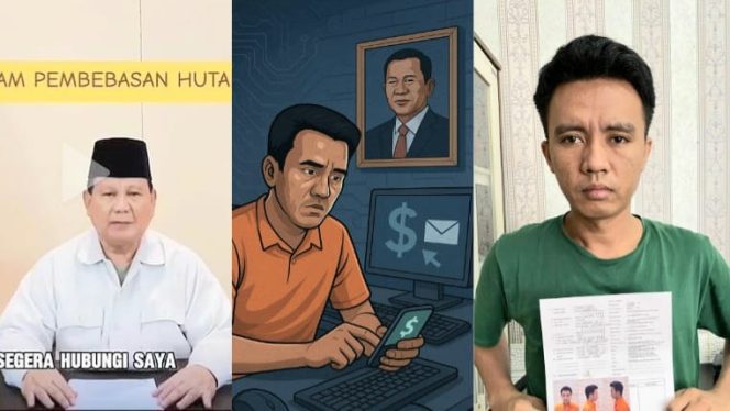 Kolase foto deepfake Presiden RI dan ilustrasi penipuan online serta terdakwa yang akan segera memasuki tahap persidangan | dok. inet/kejarilamteng.