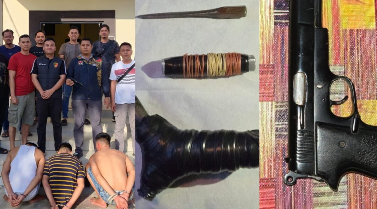 Kolase foto ketiga tersangka yang ditangkap polisi, barang bukti kunci pembobol motor dan senajata api yang berhasil ditemukan, Sabtu 10 Mei 2025 | Dok. Humas Polres Pringsewu.