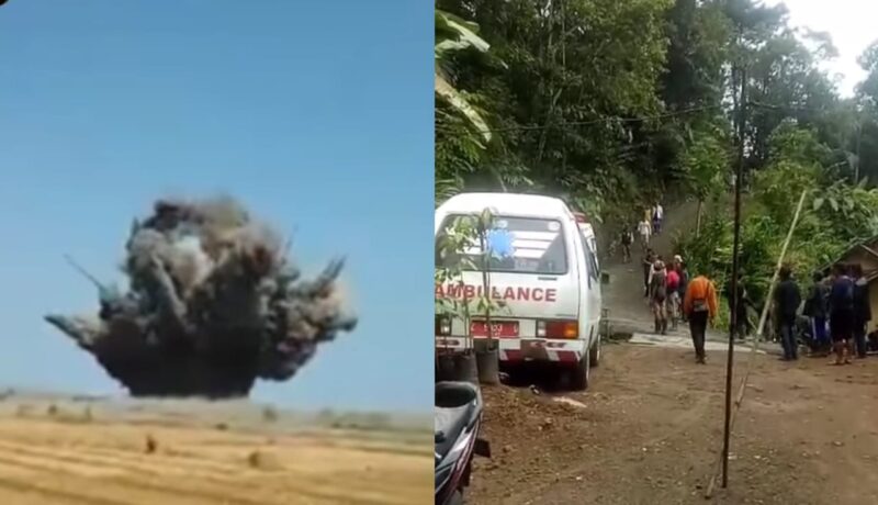 Kolase foto ledakan foto yang terekam kamera warga dan saat evakuasi korban menggunakan ambulance, Senin 12 Mei 2025 | Dok. Tangkapan Layar Video Warga.