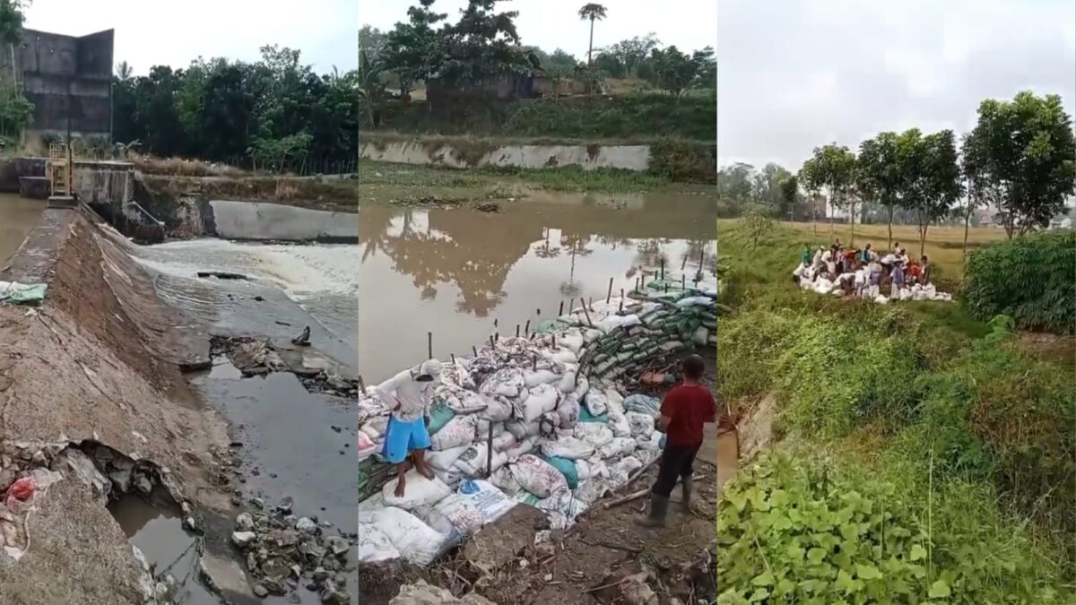 Kolase foto  Bendungan Widoro Payung yang jebol menggunakan karung berisi tanah dan masyarakat yang sedang mengisi karung di Pekon Podomora, Pringsewu, Selasa 13 Mei 2025 | Dok. Tangkapan Layar Video.