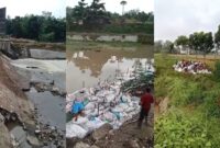Kolase foto  Bendungan Widoro Payung yang jebol menggunakan karung berisi tanah dan masyarakat yang sedang mengisi karung di Pekon Podomora, Pringsewu, Selasa 13 Mei 2025 | Dok. Tangkapan Layar Video.