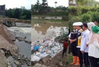 Kolase foto tangkapan layar video keluhan masyarakat atas jebolnya bendungan Widara Payung Podomoro dan saat Bupati Pringsewu Riyanto Pamungkas meninjau perbaikannya, Rabu 14 Mei 2025 | Dok. Ist.