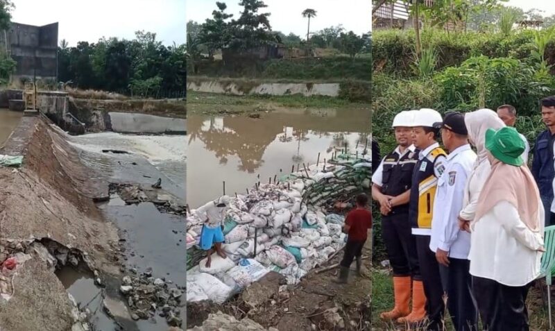 Kolase foto tangkapan layar video keluhan masyarakat atas jebolnya bendungan Widara Payung Podomoro dan saat Bupati Pringsewu Riyanto Pamungkas meninjau perbaikannya, Rabu 14 Mei 2025 | Dok. Ist.
