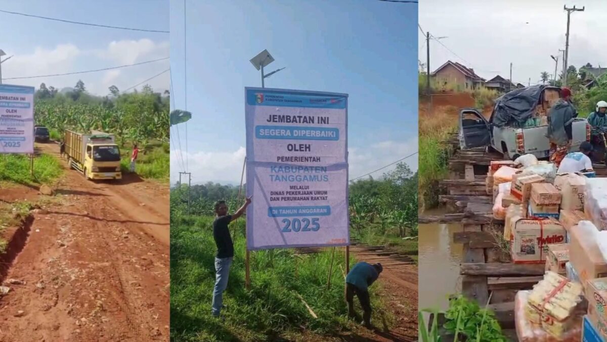 Kolase foto saat mobil truk masih melintas dan banner pemberitahuan pembangungan jembatan, Rabu 14 Mei 2025 serta pada saat terjadi mobil amblas beberapa bulan lalu | Dok. Ist.