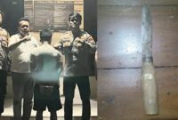 Kolase foto tersangka yang diamankan usai menyerahkan diri dan barang bukti pisau yang digunakannya, Rabu 21 Mei 2025, malam | Dok. Humas Polres Tanggamus.