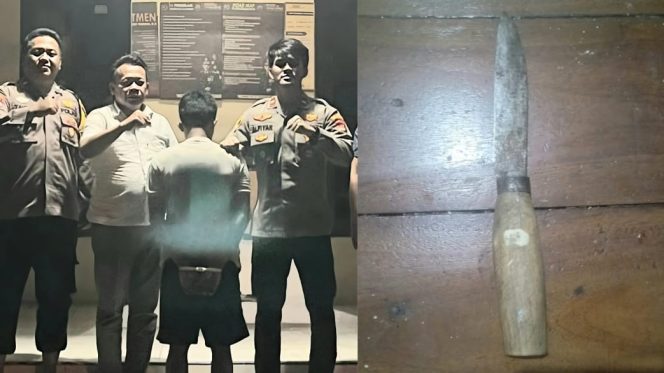 
					Kolase foto tersangka yang diamankan usai menyerahkan diri dan barang bukti pisau yang digunakannya, Rabu 21 Mei 2025, malam | Dok. Humas Polres Tanggamus.