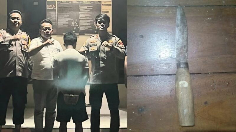 Kolase foto tersangka yang diamankan usai menyerahkan diri dan barang bukti pisau yang digunakannya, Rabu 21 Mei 2025, malam | Dok. Humas Polres Tanggamus.