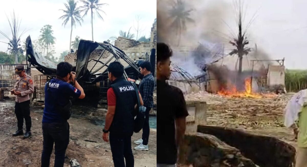 Kolase foto saat polisi melakukan olah TKP dan saat kebakaran terjadi di Kampung Raharjo, Bumi Ratu Nuban, Lampung Tengah, Kamis 22 Mei 2025 | Dok. Humas Polres Lampung Tengah.