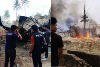 Kolase foto saat polisi melakukan olah TKP dan saat kebakaran terjadi di Kampung Raharjo, Bumi Ratu Nuban, Lampung Tengah, Kamis 22 Mei 2025 | Dok. Humas Polres Lampung Tengah.