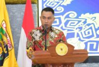 Ketua DPRD Tanggamus Agung Setyo Utomo saat menyampaikan sambutan atas pencapaian Opini WTP Pemkab Tanggamus di Gedung BPK RI Perwakilan Lampung, Senin 26 Mei 2025 | Erwin/Media Prioritastv.com.