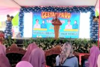 Bupati Tanggamus Moh. Saleh Asnawi saat menyampaikan sambutan dalam Gebyar PAUD Tanggamus 2025 di Halaman Islamic Center, Kota Agung, Senin 26 Mei 2025 | Herdi/Media Prioritastv.com.