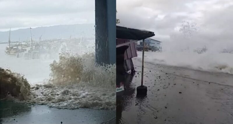 Kolase foto ombak yang menerkang TPI Higienis dan Dermaga 2 Kota Agung, Kamis 29 Mei 2025 | Dok. Tangkapan Layar Video.