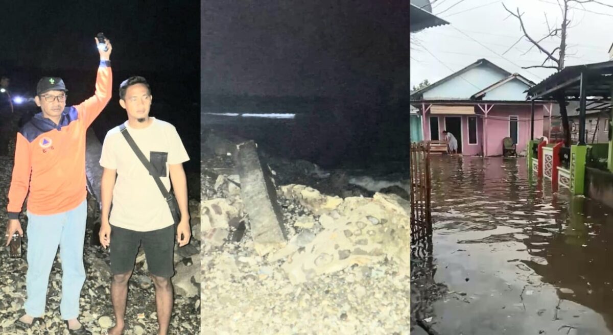 Kolase foto saat anggota Polres Tanggamus bersama BPBD melakukan pemeriksaan lokasi menemukan tanggul penahan yang patah dan saat banjir rob menggenangi rumah warga, Kamis 29 Mei 2025 | Herdi/Media Prioritastv.com.