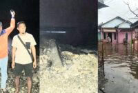 Kolase foto saat anggota Polres Tanggamus bersama BPBD melakukan pemeriksaan lokasi menemukan tanggul penahan yang patah dan saat banjir rob menggenangi rumah warga, Kamis 29 Mei 2025 | Herdi/Media Prioritastv.com.