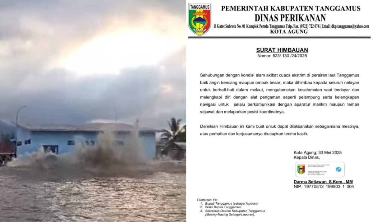 Kolase foto terjangan ombak di TPI Higienis Kota Agung, Kamis 29 Mei 2025 dan Imbauan Dinas Perikanan Tanggamus, Jumat 30 Mei 2025 | Herdi/Media Prioritastv.com.