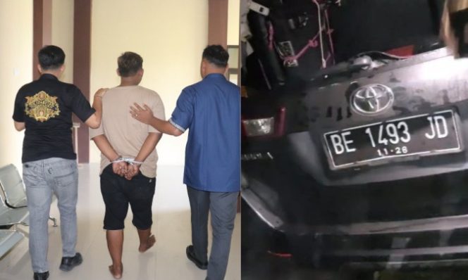 Kolase foto saat Polisi saat menggiring tersangka AS ke dalam sel tahanan, Jumat 2 Mei 2025 dan kondisi mobil korban usai diamuk massa pada Selasa 18 Februari 2025 | Samuel/Media Prioritastv.com.