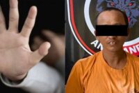 Kolase foto ilustrasi kekerasan seksual terhadap anak dan tersangka SU yang ditangkap polisi |
