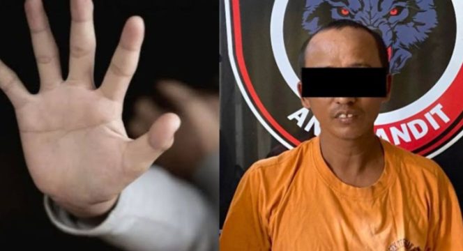 Kolase foto ilustrasi kekerasan seksual terhadap anak dan tersangka SU yang ditangkap polisi |