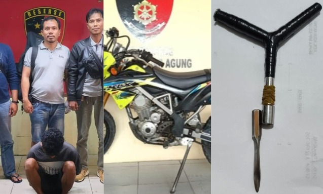 Kolase foto saat tersangka KA dibawa ke Polres Tulang Bawang dan barang bukti sepeda motor KLX serta alat kejahatan yang berhasil diamankan polisi | Dok. Humas Polres Tulang Bawang.