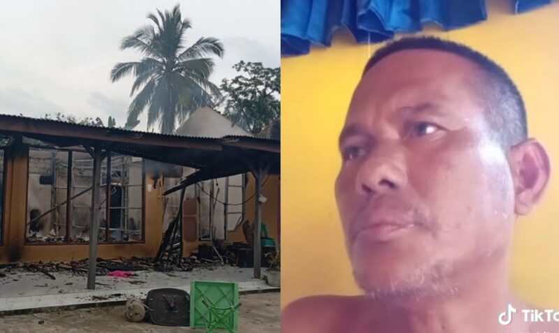 Kolase foto rumah Kakam yang dibakar massa dan video Suryadi yang viral memprotes dugaan pemalsuan tanda tangan beras bansosnya | Ist.