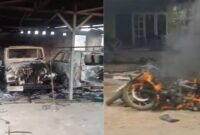 Kolase foto rumah dan mobil Kakam yang terbakar dan sepeda motor yang turut dibakar massa, Sabtu 17 Mei 2025 | Ist.
