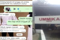 Kolase foto tangkapan layar percakapaan mantan pegawai terkait KTP yang belum dikembalikan serta pintu tanda masuk Ummika Resto Pringsewu | Ist.
