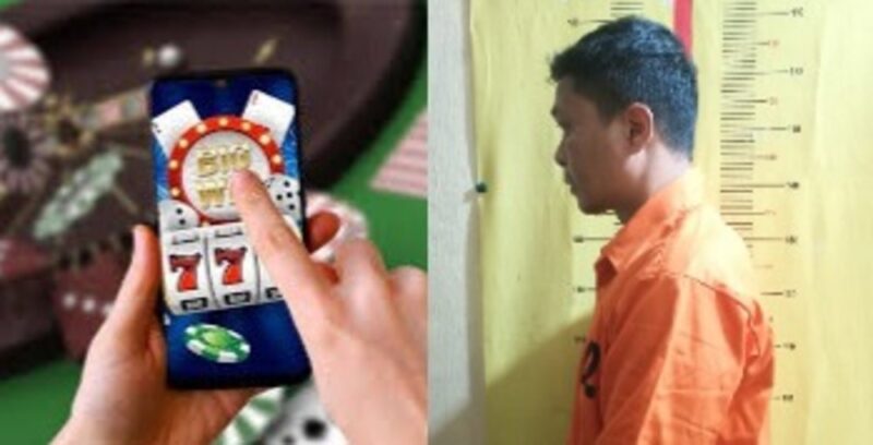 Kolase foto ilustrasi Judi Slot dan tersangka yang ditangkap Polsek Sukoharjo, Jumat 30 Mei 2025 | Ist.