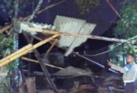 Polisi saat melakukan pengecekan paska terjangan puting beliung di Desa Jaya Guna, Marga Tiga, Lampung Timur, Minggu 11 Mei 2025, malam |
