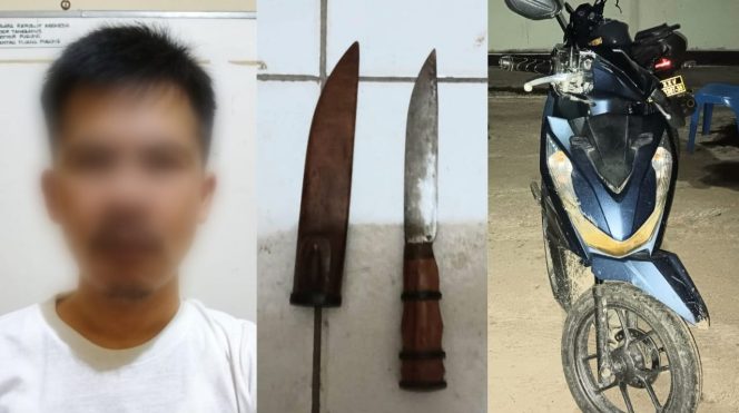 
 Kolase foto tersangka ES yang berhasil ditangkap dan barang bukti yang disita Polsek Pugung, Sabtu 31 Mei 2025 | Dok. Humas Polres Tanggamus.