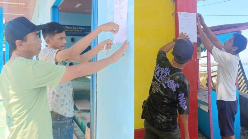 Dinas Perikanan Kabupaten Tanggamus saat memasang pengumuman di area publik Kota Agung, Tanggamus, Senin 2 Juni 2025 |