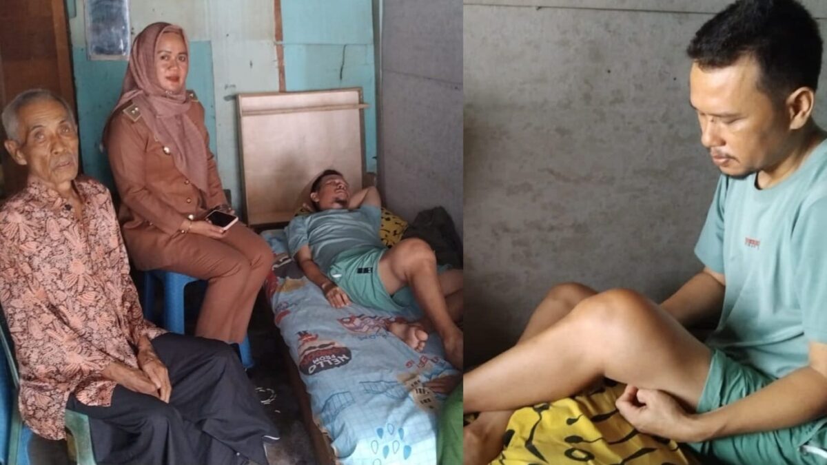 Kolase foto saat Yulyadi dikunjungi Lurah Pasar Madang, Kota Agung dan kondisi kakinya yang membengkak akibat Kanker Tulang saat berada di rumah petaknya, Selasa 3 Juni 2025 | Herdi/Media Prioritastv.com.