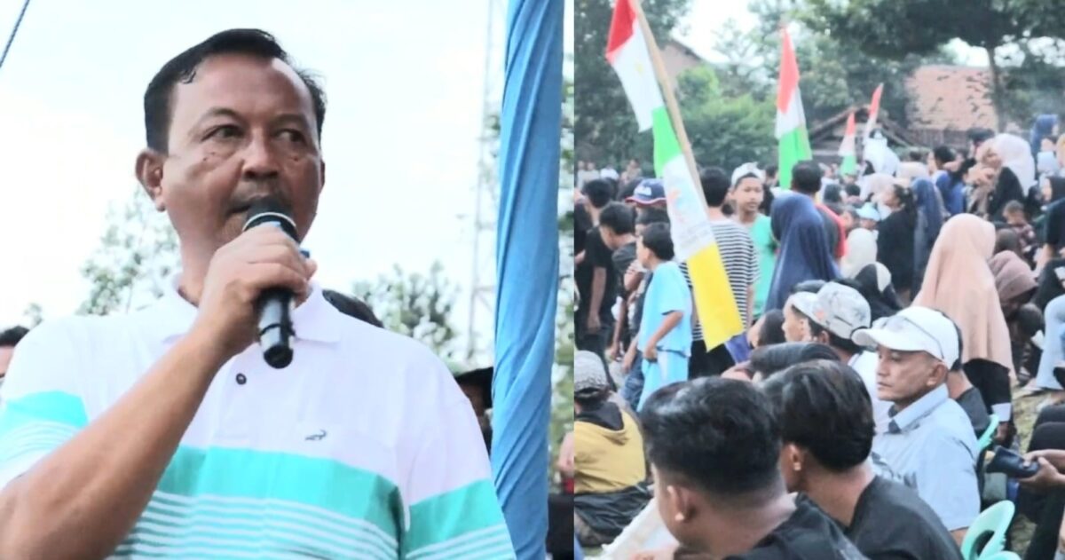 Kolase foto Ketua Granat Tanggamus Agus Ciek saat menyampaikan wacana pembentukan PS Tanggamus dan masyarakat yang menonton Final  Turnamen Bupati Tanggamus Cup 2025 di Lapangan Arstek, Tekad, Pulau Panggung, Rabu 4 Juni 2025 | Asrul Ariski/Media Prioritastv.com.