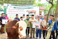 Bupati Tanggamus Moh. Saleh Asnawi saat menyerahkan secara simbolis sapi Kurban Presiden RI dan Pemkab Tanggamus, Kamis 6 Juni 2025 | Herdi/Media Prioritastv.com.