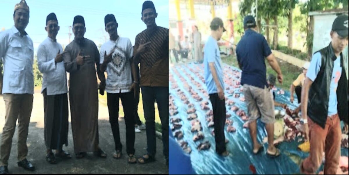 Kolase foto Wakil Ketua I DPRD Tanggamus M. Rangga Putra Hakim bersama sejumlah anggota DPRD Fraksi Gerindra saat melaksanakan pemotongan kurban dan saat pembagian daging kurban di Rest Area Pugung, Minggu 8 Juni 2025 | Ist.