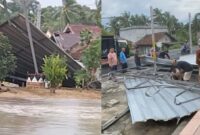 Kolase foto kanopi tempat parkir masjid Pekon Teba saat roboh dan saat warga gotong royong merapikan material, Sabtu 14 Juni 2025 | Dok. Ist.