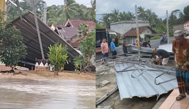 
 Kolase foto kanopi tempat parkir masjid Pekon Teba saat roboh dan saat warga gotong royong merapikan material, Sabtu 14 Juni 2025 | Dok. Ist.