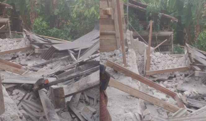 
 Kolase foto rumah warga yang ambruk diterjang puting beliung di Dusun Cempaka Kopong, Pekon Tanjung Jaya, Kecamatan Limau, Kabupaten Tanggamus, pada Sabtu (14/6/2025) sekitar pukul 14.30 WIB. 