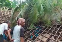 Warga Pekon Banjarrejo, Kecamatan Banyumas, Kabupaten Pringsewu, tengah membersihkan puing-puing rumah yang roboh akibat angin puting beliung yang melanda pada Sabtu, 14 Juni 2025. Sejumlah rumah mengalami kerusakan serius, namun tidak ada korban jiwa dalam peristiwa tersebut. (Davit/Prioritastv.com)