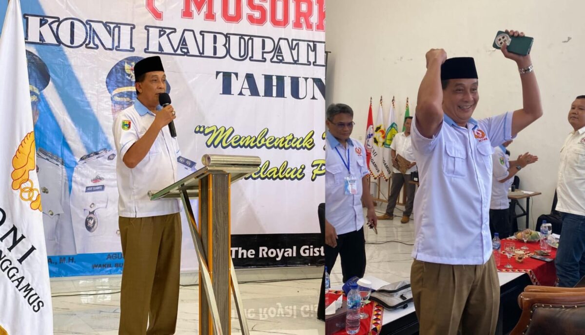 Kolase foto saat Nuzul Irsan, Ketua KONI Tanggamus menyampaikan sambutan dan saat menyuarakan kebahagiannya di Hotel Royal Gisting, Kamis 19 Juni 2025 | Herdi/Media Prioritastv.com.