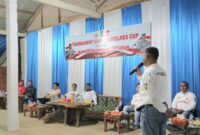 Ketua Granat Tanggamus Agus Ciek saat memberikan sambutan dalam pembukaan turnamen gaple Kapolres Tanggamus Cup 2025, Jumat 20 Juni 2025, malam | Asrul Ariski/Media Prioritastv.com.