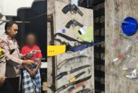 Kolase foto saat anggota Polsek Cukuh Balak menunjukan barang bukti benda mirip Senpi kepada orang tua pelaku dan semua barang bukti yang berhasil ditemukan, Sabtu 21 Juni 2025 | Dok. Humas Polres Tanggamus.