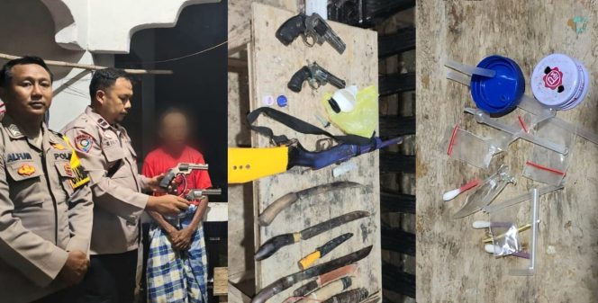 
 Kolase foto saat anggota Polsek Cukuh Balak menunjukan barang bukti benda mirip Senpi kepada orang tua pelaku dan semua barang bukti yang berhasil ditemukan, Sabtu 21 Juni 2025 | Dok. Humas Polres Tanggamus.