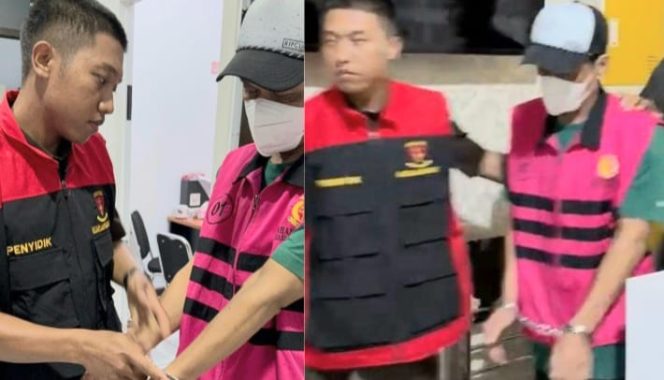 Kolase foto tersangka MM saat ditetapkan tersangka atas kerugikan negara 314 Juta, oleh Kejari Lampung Barat.
