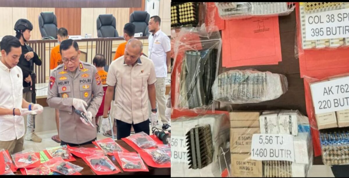 Kolase foto saat Kapolda Lampung Irjen Pol Helmy Santika memeriksa barang bukti senjata api rakitan dan ribuan butir amunisi yang berhasil diamankan, Kamis 26 Juni 2025 |