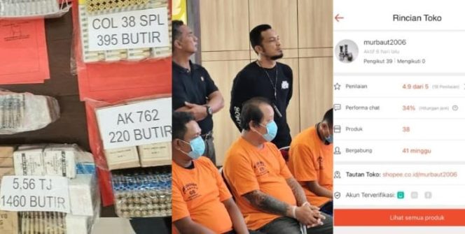 
 Kolase foto amunisi yang disita Polda Lamping berikut 3 tersangka dan tangkapan layar toko online milik tersangka ABT yang menjual peluru secara daring, Jumat (27/6/2025).(DOK. Polda Lampung)