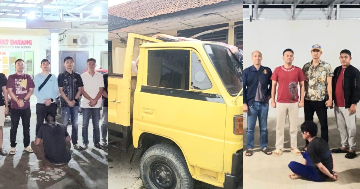 Kolase foto kedua tersangka penadahan dan truk yang berhasil ditangkap tim gabungan, Jumat 27 Juni 2025 | Dok. Humas Polres Pringsewu.