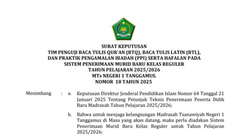 Pengumuman SPMB MTs Negeri 1 Tanggamus, Senin 2 Juni 2025 |