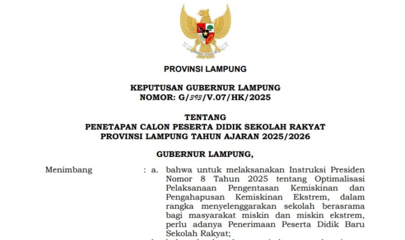 Keputusan Gubernur Lampung tentang Penetapan Calon Peserta Sekolah Rakyat Provinsi Lampung.